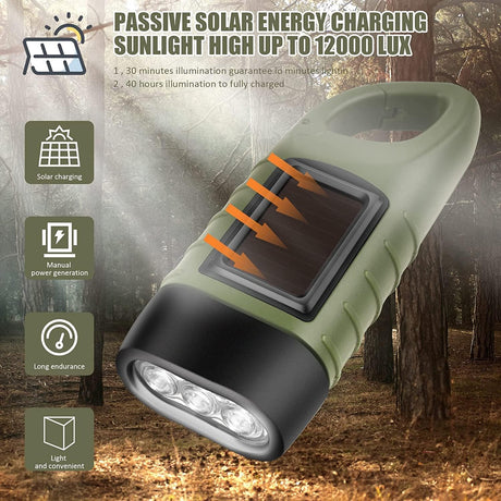 Emergency Flashlight - Military Clamp Rechargeable - Dynamo & Solar Powered - For Emergency Kits and Power Outages - Black