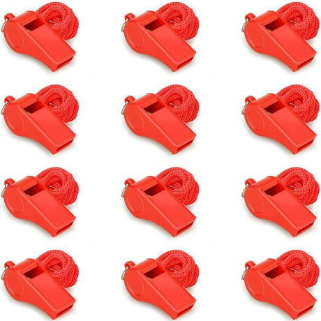 Emergency Whistles with Lanyard - Set of 12 - Loud & Clear Sound - Safety Whistles for Sports & Self-Defense - Red