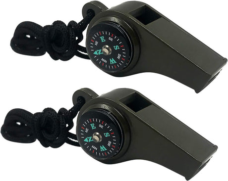 3-in-1 Emergency Whistle with Compass & Thermometer - Set of 2 - Includes Lanyard - Safety Whistle for Outdoor, Hiking & Camping - Green
