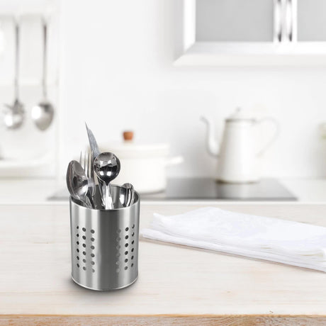 Large stainless steel cutlery holder - cutlery container cylinder - 12 x 15 cm - kitchen organizer - silver