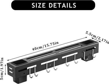 Stainless Steel Kitchen Rack No Drilling - Kitchen Rail with 6 Hooks - Self-Adhesive Hanging System - Kitchen Utensil Holder - Black