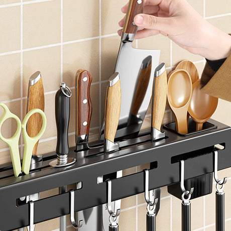 Stainless Steel Kitchen Rack No Drilling - Kitchen Rail with 6 Hooks - Self-Adhesive Hanging System - Kitchen Utensil Holder - Black