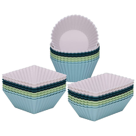 Silicone Muffin Mold Set - 24 Pieces - Reusable Cupcake Molds - Round, Square & Rectangular - Blue & White
