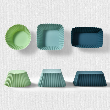 Silicone Muffin Mold Set - 12 Pieces - Reusable Cupcake Molds - Round, Square & Rectangular - Blue