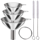 Stainless Steel Funnel Set of 3 - Includes 2 Cleaning Brushes - Kitchen Funnels with Handle - For Liquids, Oil & Spices