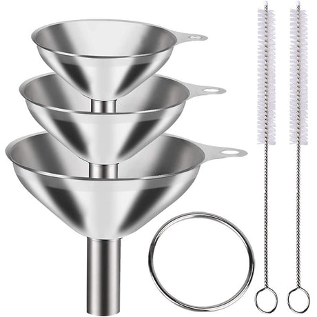 Stainless Steel Funnel Set of 3 - Includes 2 Cleaning Brushes - Kitchen Funnels with Handle - For Liquids, Oil & Spices