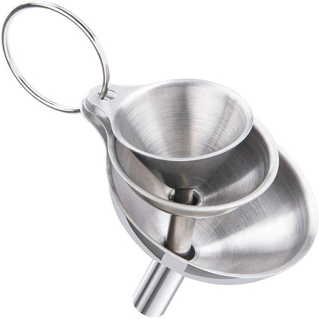 Stainless Steel Funnel Set of 3 - Includes 2 Cleaning Brushes - Kitchen Funnels with Handle - For Liquids, Oil & Spices