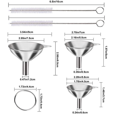 Stainless Steel Funnel Set of 3 - Includes 2 Cleaning Brushes - Kitchen Funnels with Handle - For Liquids, Oil & Spices