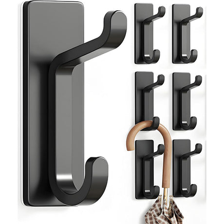 Black Towel Hooks - Set of 6 - Self-Adhesive Wall Hooks - No Drilling Required - For Bathroom & Kitchen