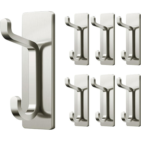 Silver Towel Hooks - Set of 6 - Self-Adhesive Wall Hooks - No Drilling Required - For Bathroom & Kitchen