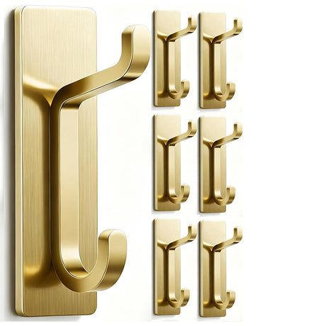 Towel Hooks Gold - Set of 6 - Self-Adhesive Wall Hooks - No Drilling - For Bathroom & Kitchen