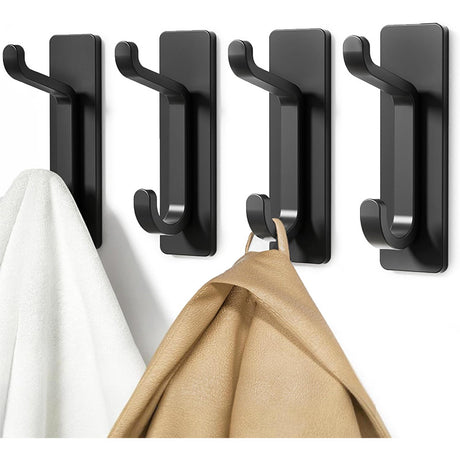 Black Towel Hooks - Set of 4 - Self-Adhesive Wall Hooks - No Drilling Required - For Bathroom & Kitchen