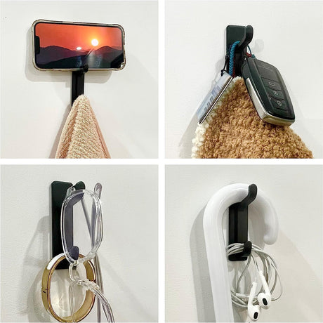 Black Towel Hooks - Set of 4 - Self-Adhesive Wall Hooks - No Drilling Required - For Bathroom & Kitchen