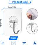 Self-Adhesive Hooks Transparent - Set of 30 - Wall Hooks No Drilling - For Bathroom & Kitchen