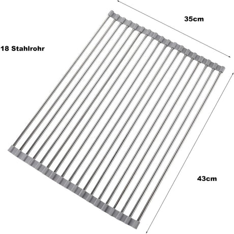 Roll-up Dish Draining Rack Grey - 43 x 35 cm - Sink Roll Mat - Draining Grid for Dishes & Vegetables