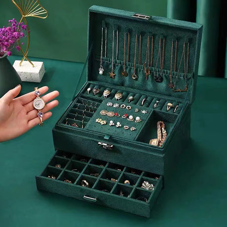 Velvet Jewelry Box with Lock - 3 Layers - Large Jewelry Organizer for Women - With Drawers & Compartments - Green