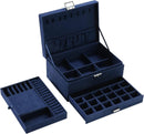 Velvet Jewelry Box with Lock - 3 Layers - Large Jewelry Organizer for Women - With Drawers & Compartments - Blue