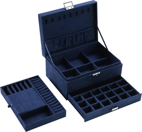 Velvet Jewelry Box with Lock - 3 Layers - Large Jewelry Organizer for Women - With Drawers & Compartments - Blue