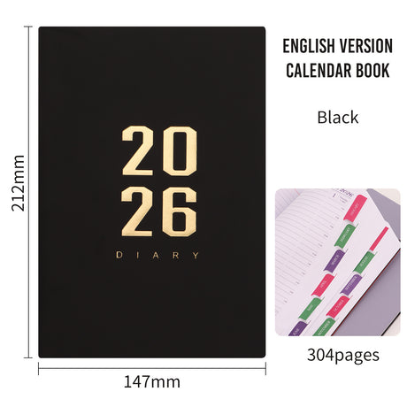 Agenda 2026 - Daily Agenda - A5 Format - 1 Day per Page - 304 Pages - [Black] - Hardcover