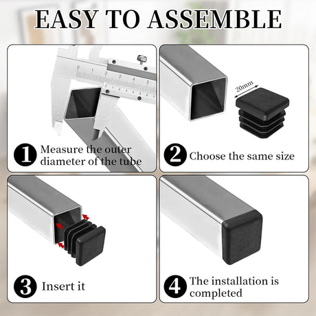 Square Tube Caps 20x20 mm - Set of 30 - Black - Insert Caps for Furniture & Chairs