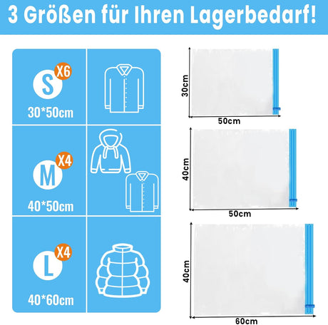 Roll Up Vacuum Bags for Travel - Pack of 14 - Clothing Compression Bags - No Pump Needed - 3 Sizes (35x50/40x50/40x60 cm)