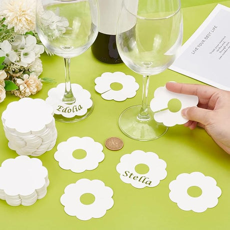 300 Pieces Wine Glass Markers Paper - Blank Flower Place Cards - DIY Wine Hangers for Weddings & Parties - White