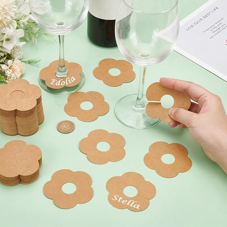 300 Pieces Wine Glass Markers Paper - Blank Flower Place Cards - DIY Wine Hangers for Weddings & Parties - Brown