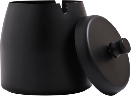Stainless Steel Ashtray with Lid - Black - Ø 9 cm - Wind Ashtray for Outdoor & Indoor Use - Storm Ashtray