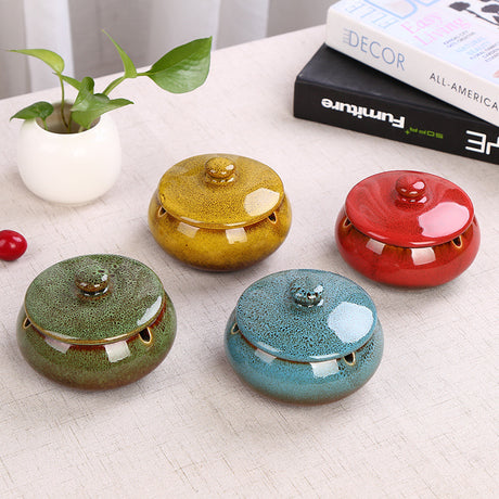 Ceramic Ashtray with Lid - Retro Green/Brown - Wind Ashtray for Outdoor & Indoor Use - Glazed Earthenware