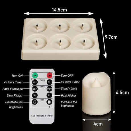 Rechargeable Tea Lights (6 Pieces) - With Charging Station and Timer - Flickering Flame - LED Candles for Parties & Decoration - White