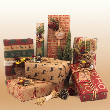 Christmas Wrapping Paper - 6 Sheets - Retro & Vintage Design - Complete Set with 2x Rope, Tape & Stickers - Gift Wrap