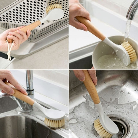 Natural Sisal Dishwashing Brush with Wooden Handle – Eco-Friendly Pan and Dish Brush – Long Handle Kitchen Cleaning Brush – Durable & Scratch-Free