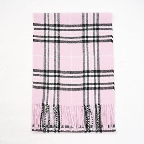 Light Pink Plaid Plum Feathers Super Soft Cashmere Feel Unisex Winter Scarf 180x30 cm, Breathable Checkered Print with Fringe for All Seasons