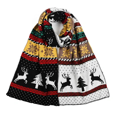 Black Winter Christmas Moose Pattern Knitted Long Thick Scarf with Snow Geometric Design, Reversible Warm Fair Isle Shawl for Men and Women
