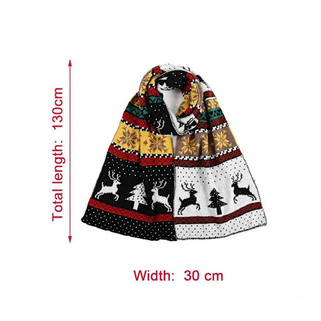 Black Winter Christmas Moose Pattern Knitted Long Thick Scarf with Snow Geometric Design, Reversible Warm Fair Isle Shawl for Men and Women