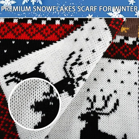 Black Winter Christmas Moose Pattern Knitted Long Thick Scarf with Snow Geometric Design, Reversible Warm Fair Isle Shawl for Men and Women