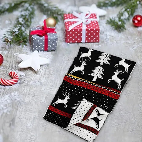 Black Winter Christmas Moose Pattern Knitted Long Thick Scarf with Snow Geometric Design, Reversible Warm Fair Isle Shawl for Men and Women
