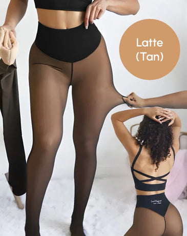Seamless Latte Lined Warm Tights as Pants, Plus Size XS/S with Breathable Flat Seams, Skin-Soft Thermal Legwear for Dresses, Skirts, or Cozy Home Lounging