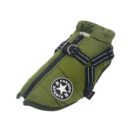 Army Green Winter Waterproof Dog Jacket with Built-in Harness, Warm Padded Cotton Vest for Small and Medium Breeds, Size S with Reflective Safety Strips