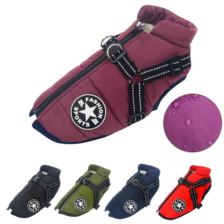 Army Green Winter Waterproof Dog Jacket with Built-in Harness, Warm Padded Cotton Vest for Small and Medium Breeds, Size S with Reflective Safety Strips