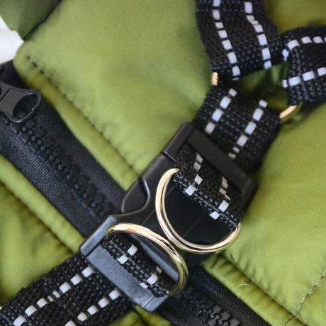 Army Green Winter Waterproof Dog Jacket with Built-in Harness, Warm Padded Cotton Vest for Small and Medium Breeds, Size S with Reflective Safety Strips