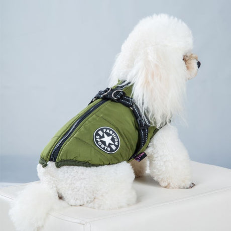 Army Green Winter Waterproof Dog Jacket with Built-in Harness, Warm Padded Cotton Vest for Small and Medium Breeds, Size S with Reflective Safety Strips