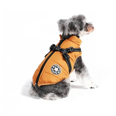 Orange Winter Waterproof Dog Jacket with Built-in Harness, Zipper Closure and Thick Coral Fleece Lining, Size S for Small Dogs with Reflective Safety Strips