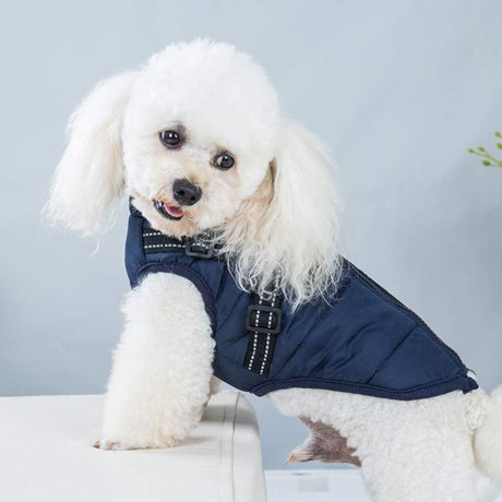 Navy Blue Winter Waterproof Dog Jacket with Integrated Harness, Windproof Warm Coat with Reflective Trim, Size XL for Large Dogs with Adjustable Collar