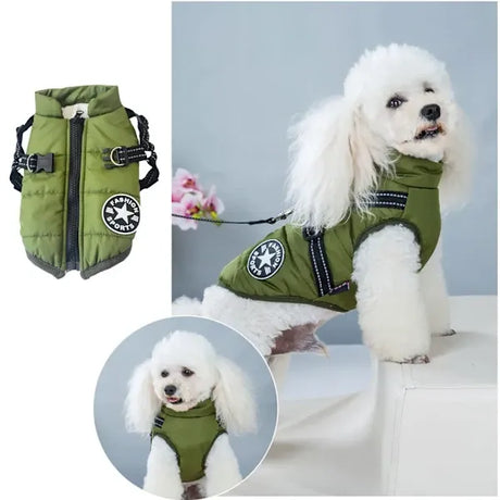 Green Waterproof Winter Dog Jacket with Built-in Harness, Windproof Warm Coat with Reflective Strips and Elastic Belly Band, Size XL for Large Dogs
