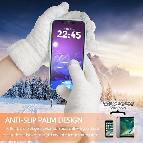 White Thermal Knitted Wool Touchscreen Mittens for Women with Fleece Lining, Thumb and Index Finger Compatibility for Smartphone and Tablet Use in Winter