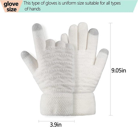 White Thermal Knitted Wool Touchscreen Mittens for Women with Fleece Lining, Thumb and Index Finger Compatibility for Smartphone and Tablet Use in Winter