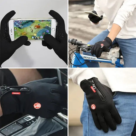 Black Winter Windproof Waterproof Thermal Touch Gloves for Men and Women, Anti-Slip Rubber Palm, Zipper Closure for Easy Wear, Size L for Outdoor Sports