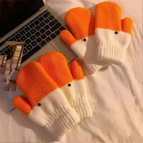 Yellow Winter Goose Design Fleece Lined Knitted Thermal Gloves, Cute Playful Pattern with Vibrant Color, Fun Warm Gift for Cycling Skiing and Everyday Use