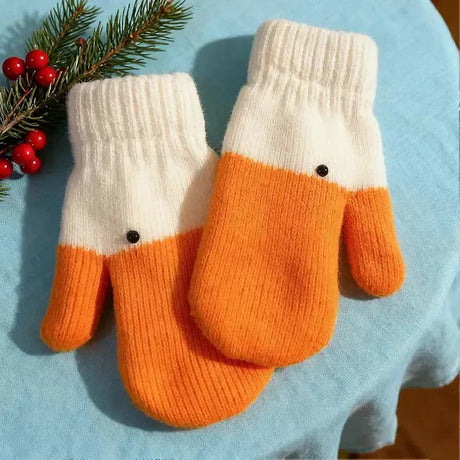 Yellow Winter Goose Design Fleece Lined Knitted Thermal Gloves, Cute Playful Pattern with Vibrant Color, Fun Warm Gift for Cycling Skiing and Everyday Use